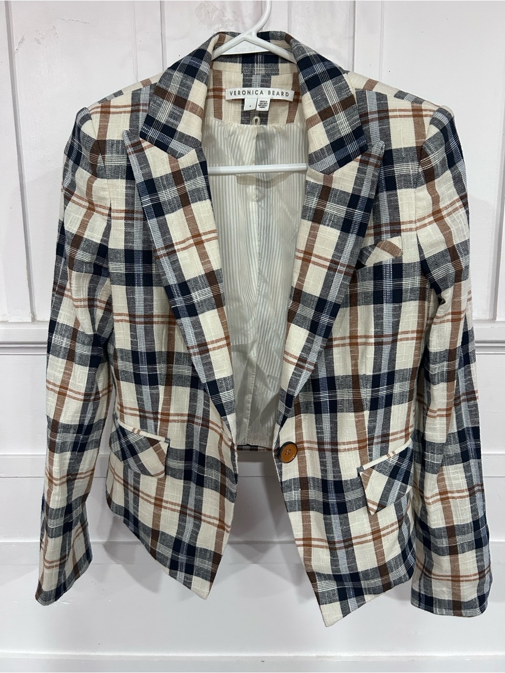 Veronica Beard Cream Plaid Blazer with Navy & Brown Check